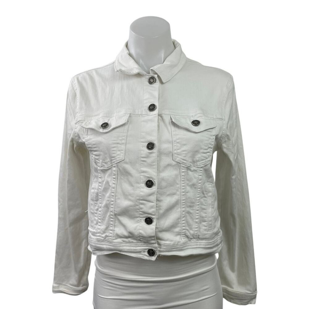 KanCan Women's White Long Sleeve Button Down Denim Jean Trucker Jacket Size M